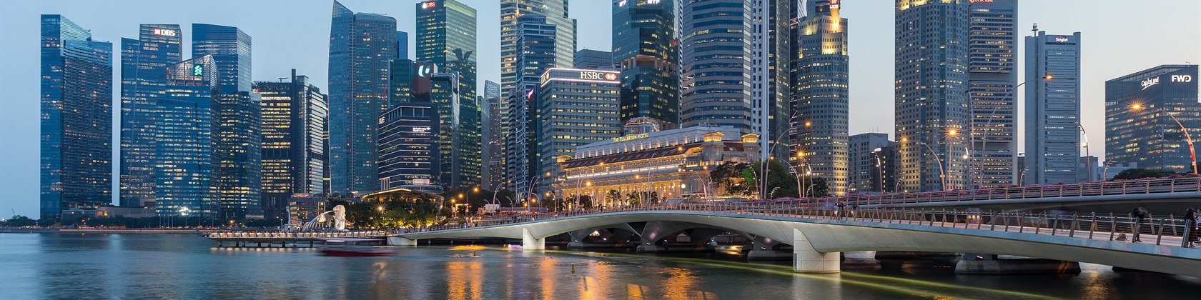 The Singapore central business district and Esplanade Bridge in the evening